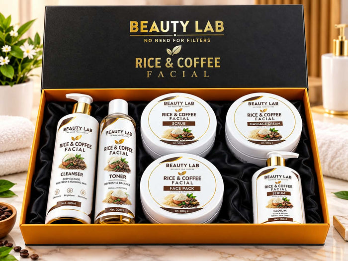 Beauty Lab Rice & Coffee Facial Kit – 6-Piece Glow Facial Set for All Skin Types | Cleanser, Toner, Scrub, Massage Cream, Face Pack & Serum