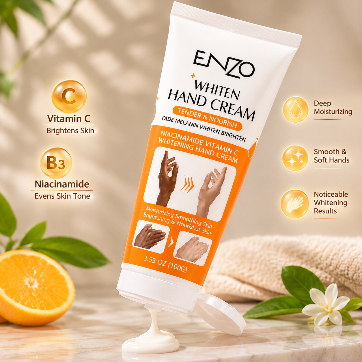 ENZO Whitening Hand Cream with Niacinamide & Vitamin C – Brightening & Nourishing Hand Lotion 100g