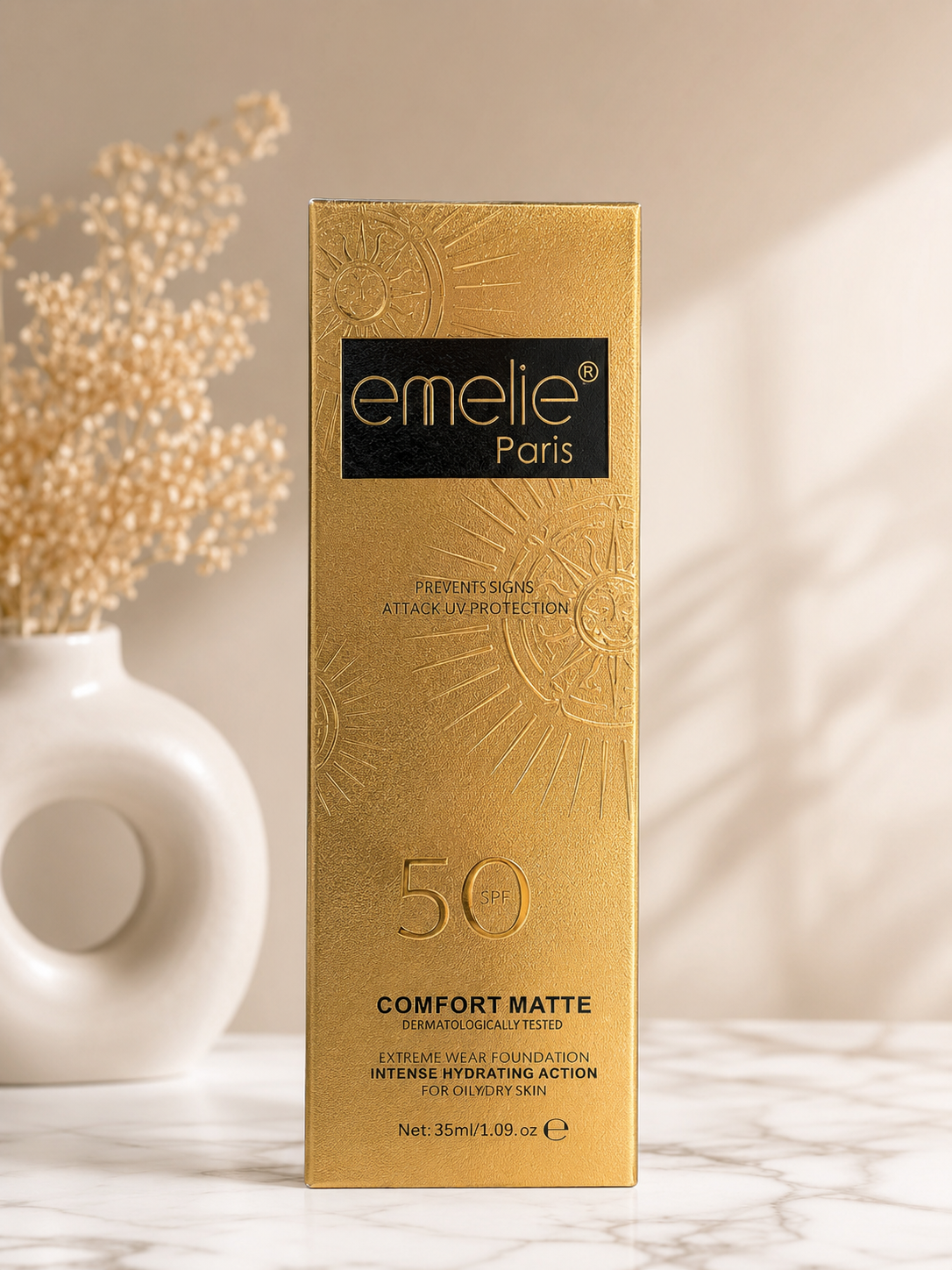 Emelie Paris Comfort Matte Advanced Foundation – Primer Inside, SPF 50+ UV Protection | Extreme Wear, Hydrating Matte Makeup (30ml)